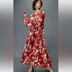 NEW Johanna Ortiz H&M Medium Red White Floral Floaty Satin Voluminous Maxi Dress